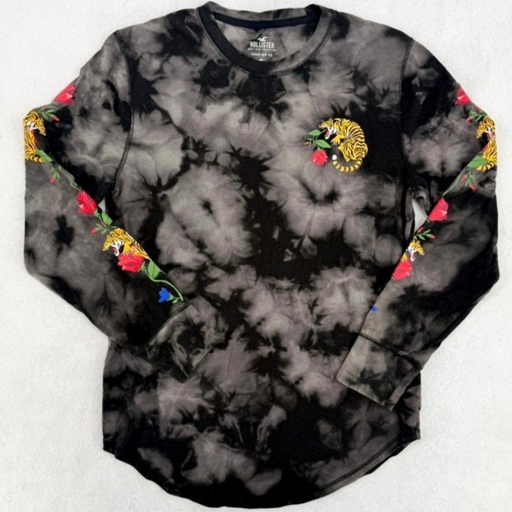 Hollister Womens Tie Dye Long Sleeve Tiger Rose Tee S Y2K Edgy Grunge Tattoo Art